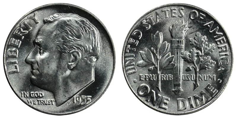 1955 Roosevelt silver dime obverse and reverse showing John R. Sinnock's portrait design