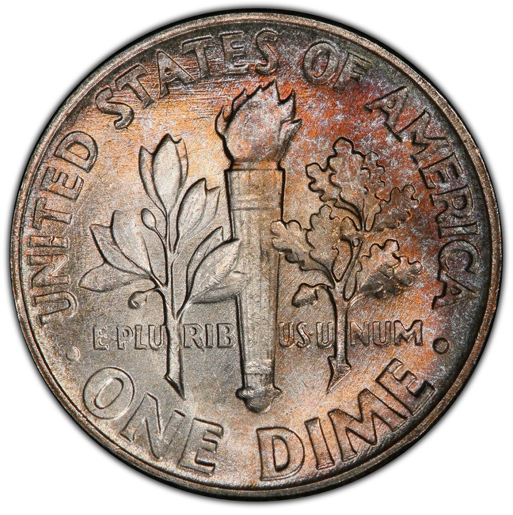 1955-P Roosevelt dime Full Bands designation showing completely separated torch bands on reverse