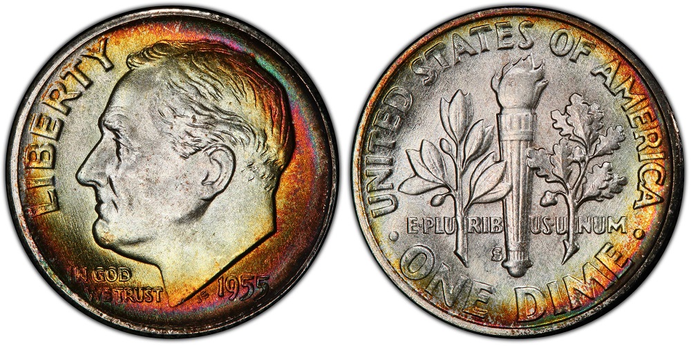1955-S Roosevelt dime reverse showing the S mintmark at the base of the torch — the last San Francisco dime until 1968