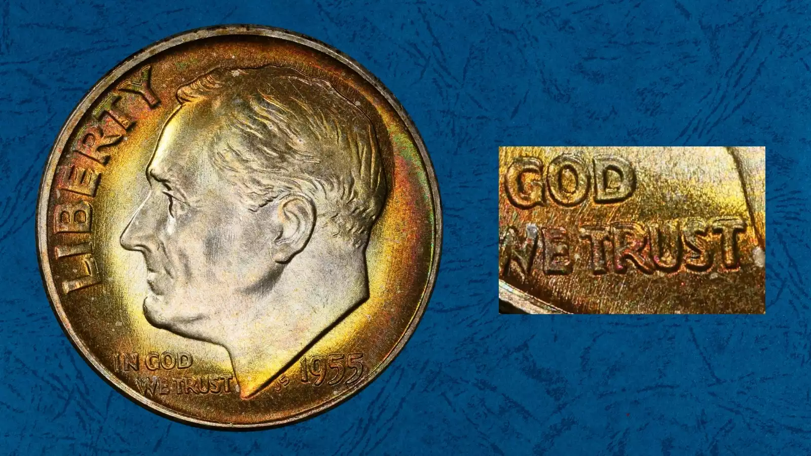 1955 Roosevelt dime doubled die obverse showing visible doubling on IN GOD WE TRUST lettering