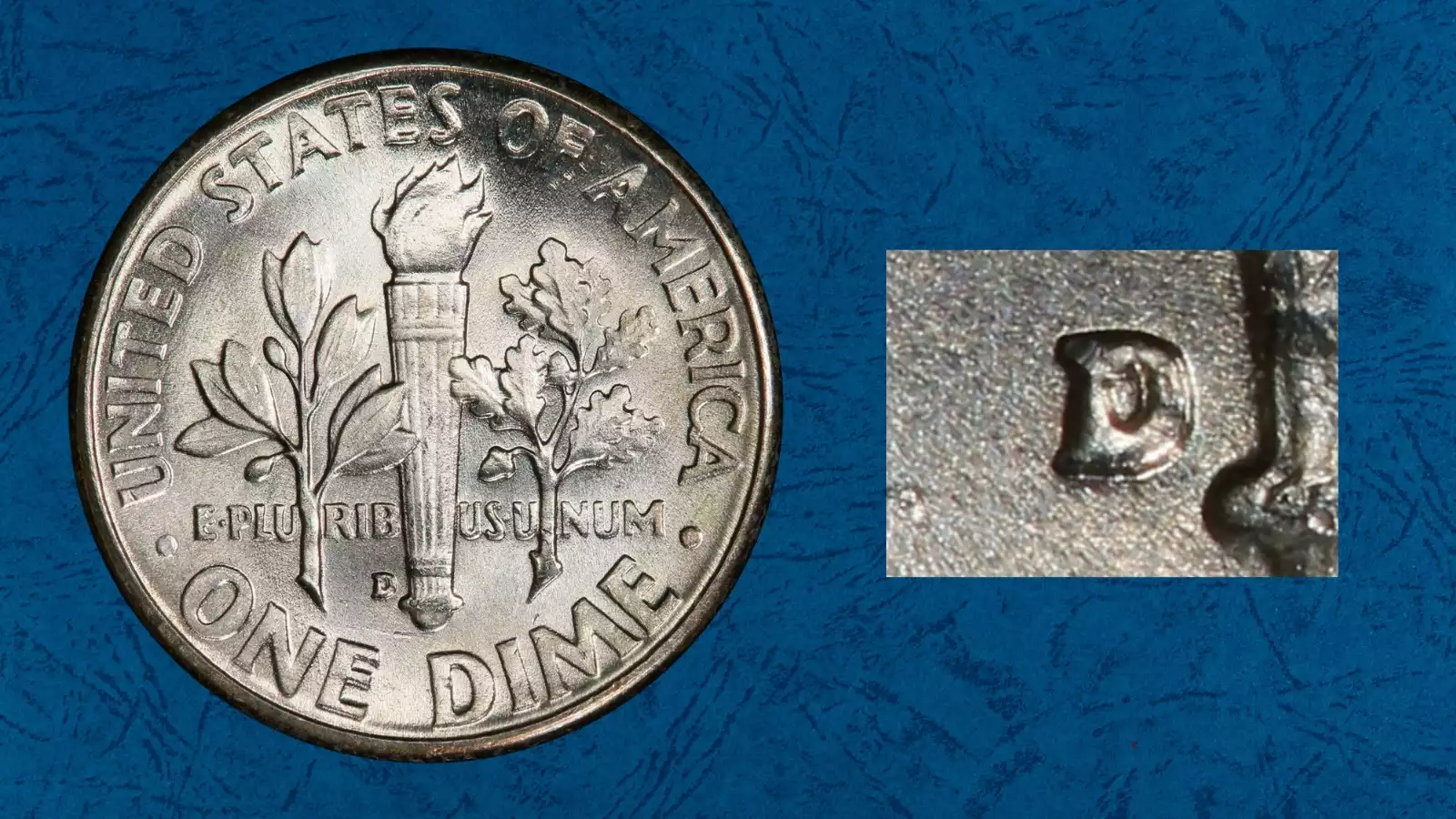 1955-D Roosevelt dime repunched mintmark showing secondary D impression visible beside the primary mint mark