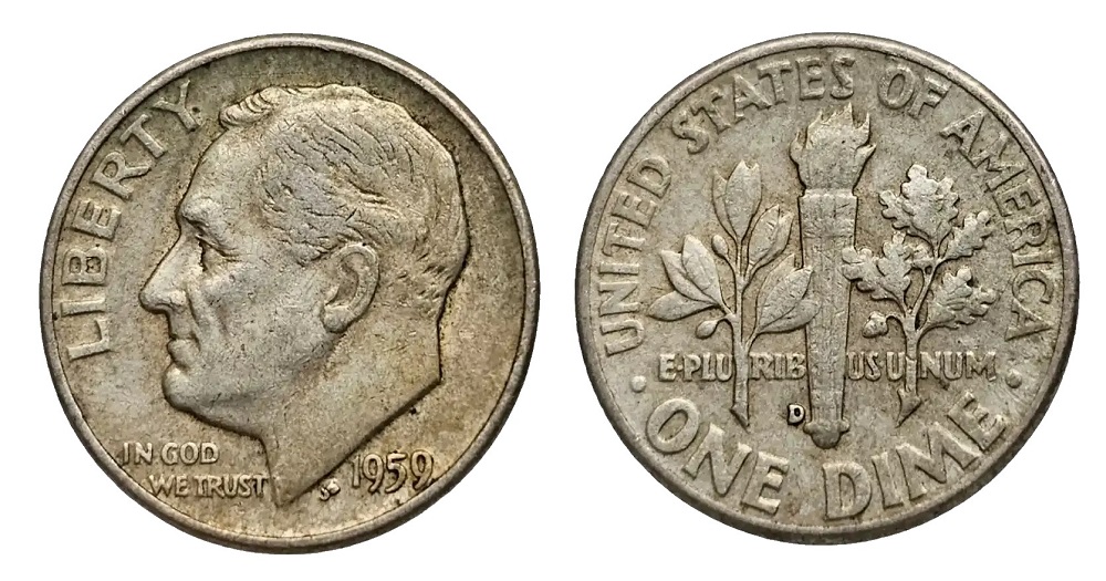 1955 Roosevelt dime die cud error showing a raised metal blob near STATES OF on the reverse rim