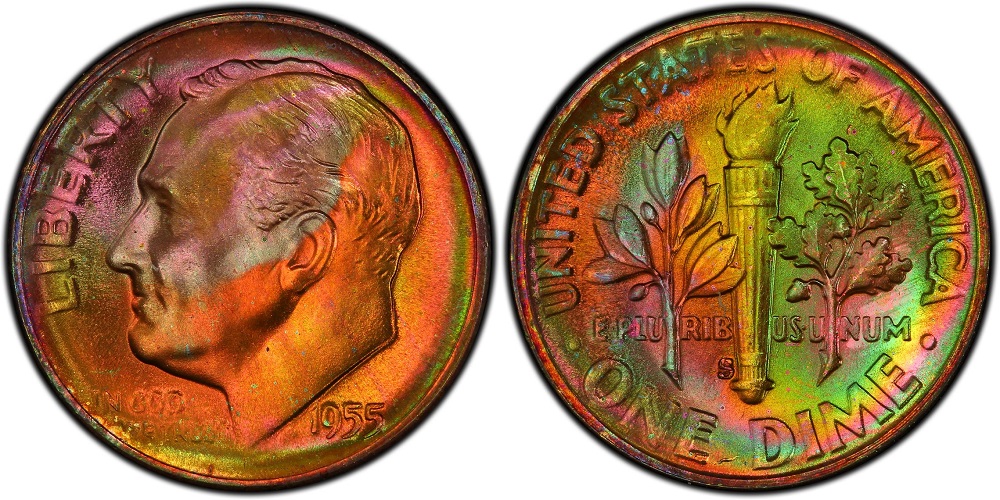 1955 Roosevelt dime grading strip showing four condition tiers from worn to gem Mint State