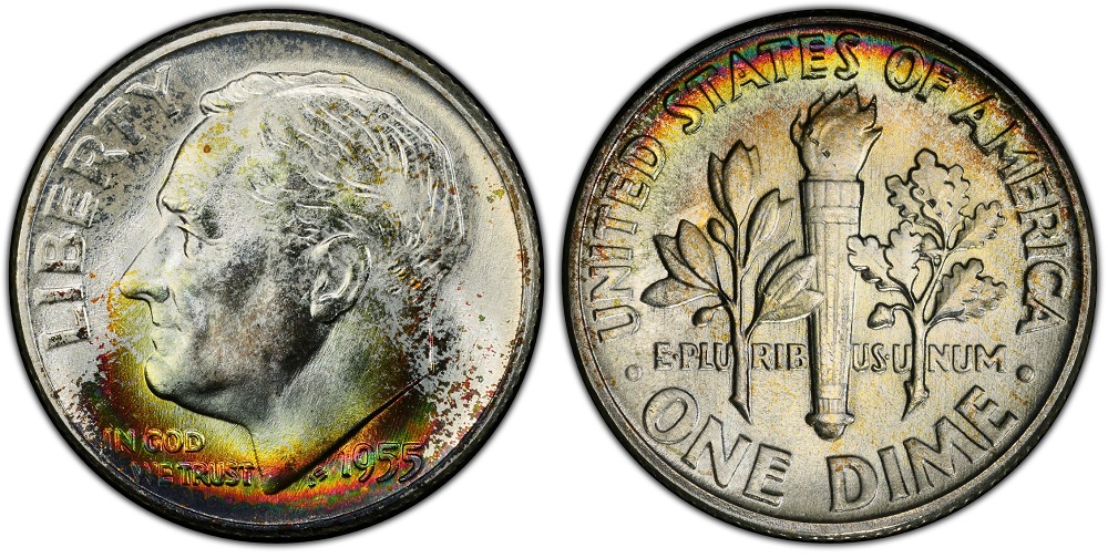 Side-by-side comparison of 1955 Roosevelt dime without Full Bands (left) versus with Full Bands designation (right)